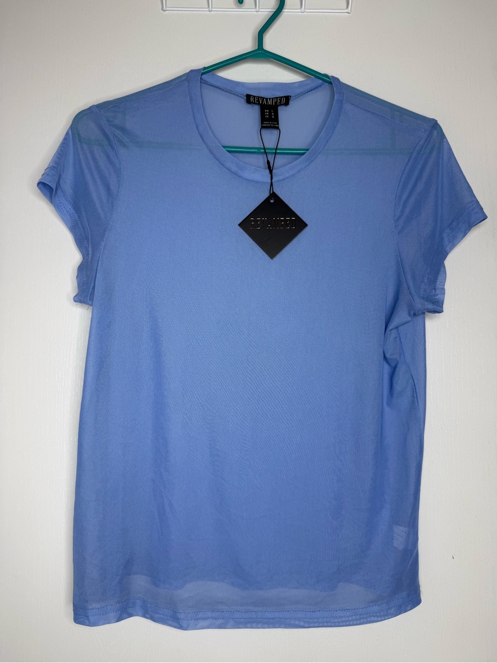 NWT Revamped Women's Light Blue Crew Neck Sheer Tee Large